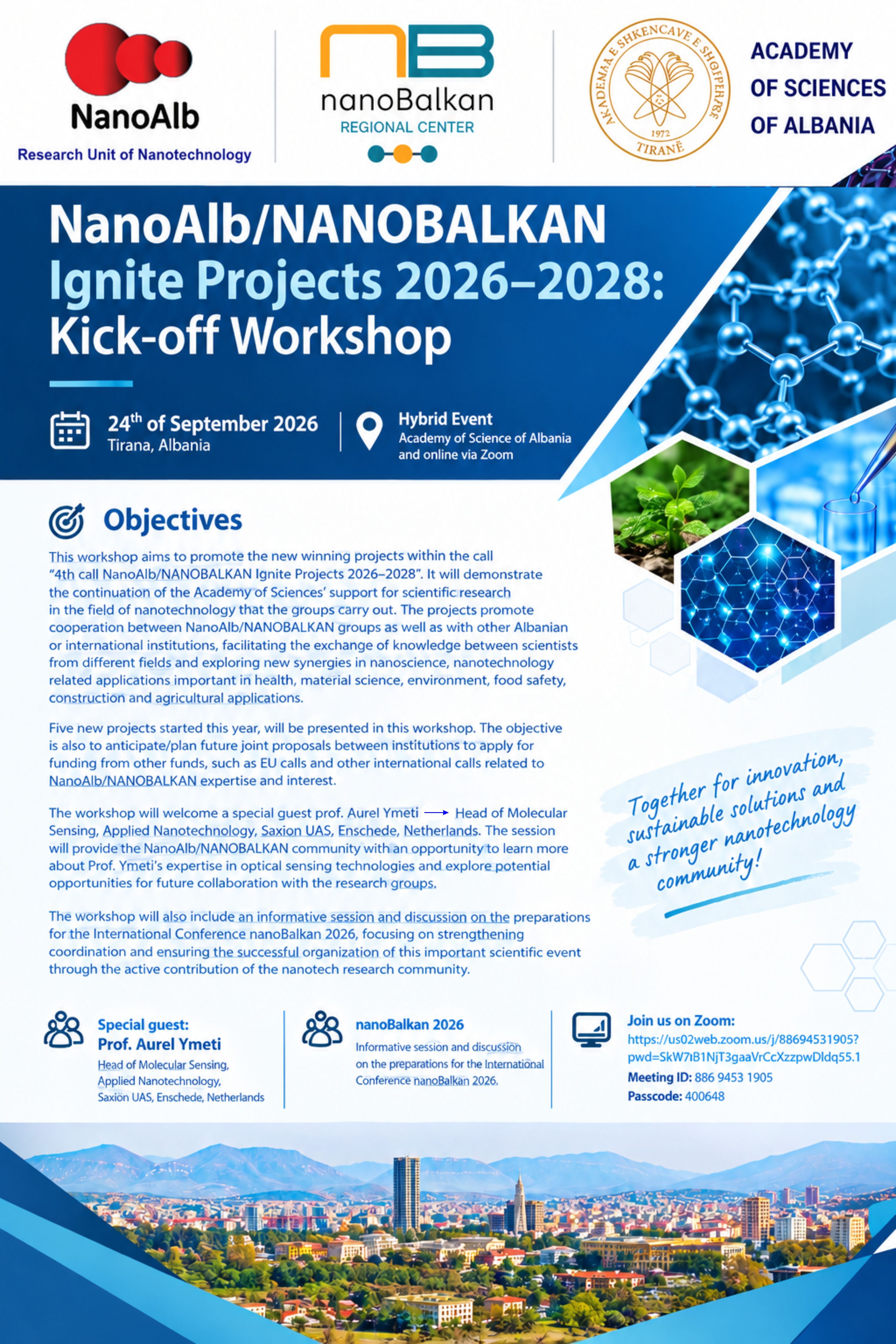 NanoAlb/NANOBALKAN Ignite Projects 2026–2028 Kick-off Workshop flyer